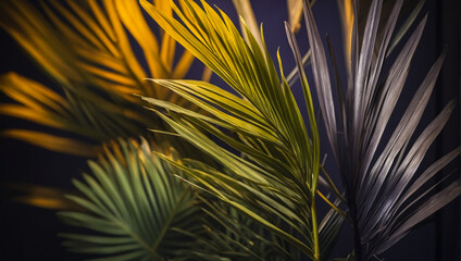  close-up view of large, overlapping tropical leaves in vibrant shades of yellow, dark green and purple