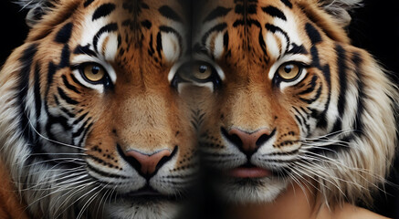 Obraz premium Closeup Portrait of face of half woman and half tiger merged in together with high details, brave girl or human tiger concept, tiger concept
