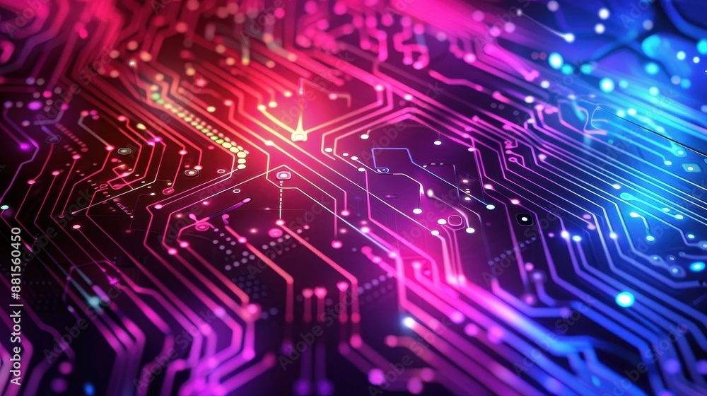 Poster dynamic futuristic circuit board with vibrant glowing lines - abstract technology background
