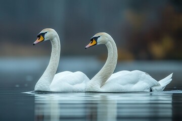 Fototapeta premium Graceful Swans Gliding in Serene Waters Across the Globe Reflecting Aquatic Tranquility with Pristine White Plumage