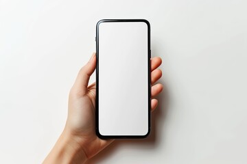 Smartphone mockup on hand with white blank screen created with Generative AI