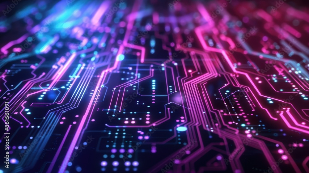 Poster illuminated futuristic digital circuit board abstract - colorful glowing lines pattern for technolog