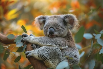 Obraz premium Koala Bear Perched on Eucalyptus Branch in Australian Bushland, Surrounded by Soothing Gum Leaf Scent.