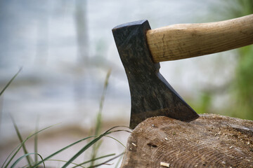 Close-up of an axe embedded in a tree stump beside a lake reflecting nature and the outdoors