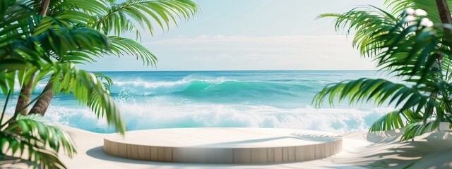 Fototapeta premium The beach by the sea, with an empty circular podium in front of it and palm leaves on both sides, features light blue water waves, a background of sandy beaches.
