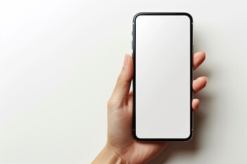 Smartphone mockup on hand with white blank screen created with Generative AI