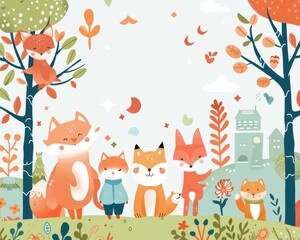 Obraz premium Thank you card, cute characters and scenery, flat design illustration