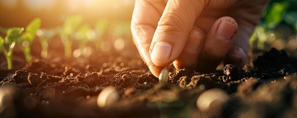 Farmer sowing seeds in rich soil for optimal yield, Cultivation, Seed planting
