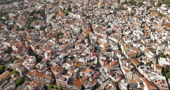 City Streets of Italian Mountain Village of Dorgali, Sardinia, Aerial View