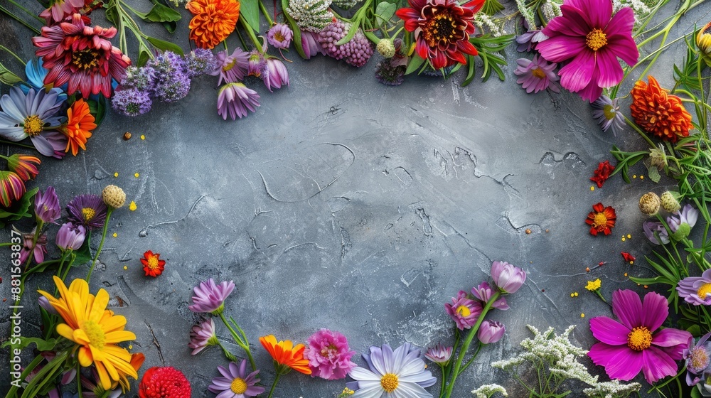 Poster colorful flowers arranged in a frame on a gray background top down view with space for text