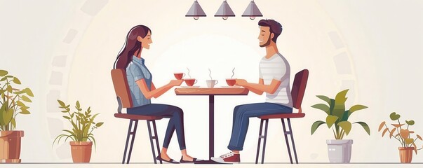 Fototapeta premium Tranquil couple sharing a decadent dessert in a cozy cafe, feeling of calm satisfaction