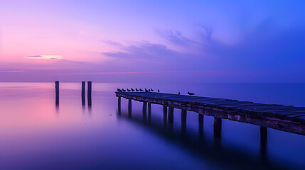 In a peaceful seascape at twilight, the sky is adorned with soft purple and blue tones, creating a calming reflection on the sea.