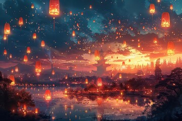 Fototapeta premium Captures the magical and ethereal atmosphere of a paper lantern festival.