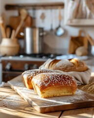 Freshly baked bread loaves dusted with powdered sugar cooling on a wooden board in a cozy, rustic kitchen.