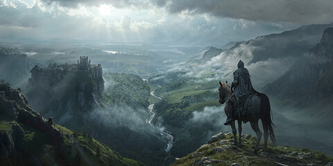 fantasy knight on horseback in the mountains