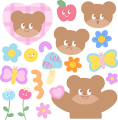 Illustration of teddy bear, apple, butterfly, flower, mushroom, heart for cartoon character, comic, mascot, animal print, zoo, floral, picnic, spring, summer, nature, garden, cute patches, brooch, toy