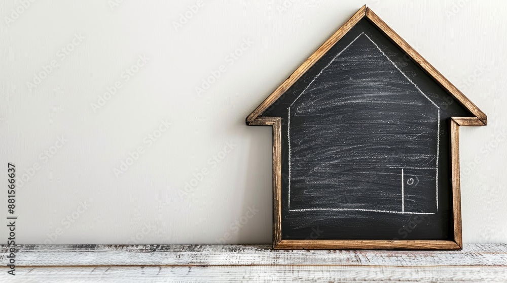 Aufkleber blackboard in the shape of a house on white backdrop with space to write