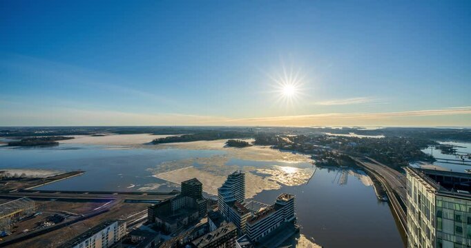 Time lapse panning in front Kulosaari and sea, serene, spring day in Helsinki