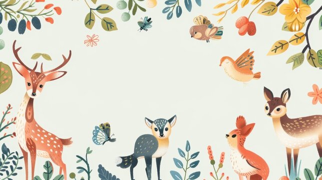 Thank you card, whimsical woodland animals, flat design illustration