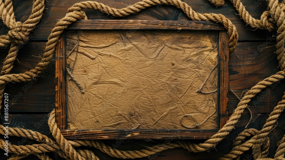 Poster empty space for text surrounded by wooden frame and rope