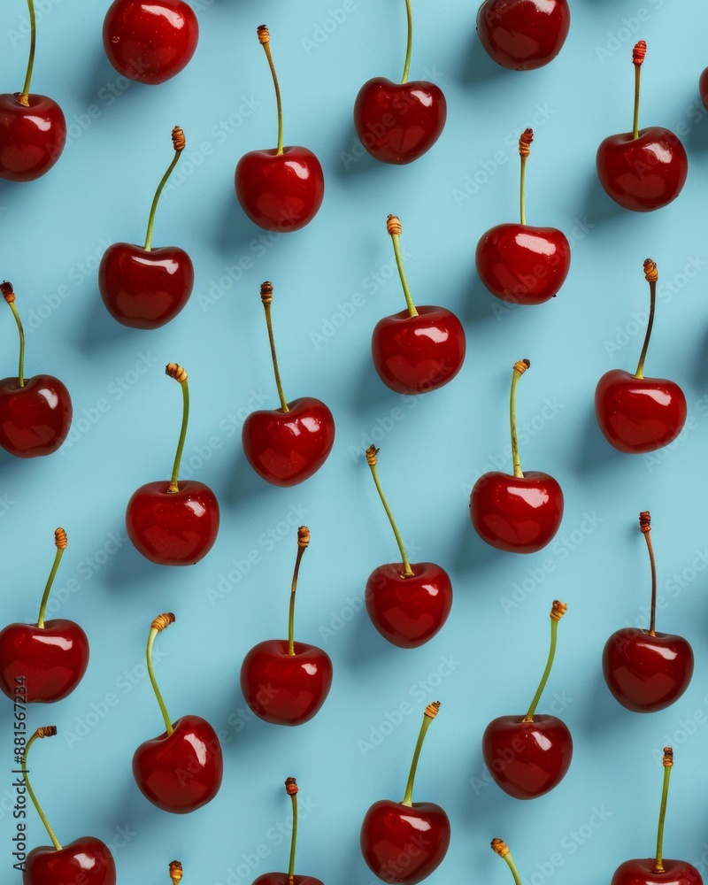 Poster vibrant red cherries pattern on a soft sky blue background, symbolizing a sunny day with consistent 