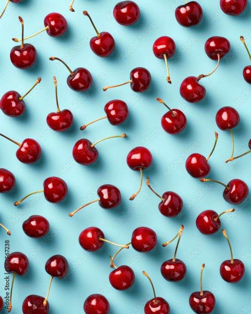Poster vibrant red cherries scattered on soft sky blue background in sunlit daylight, emphasizing simplicit
