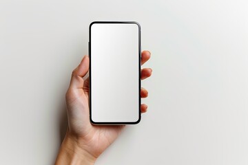 Smartphone mockup on hand with white blank screen created with Generative AI