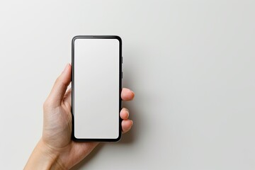 Smartphone mockup on hand with white blank screen created with Generative AI