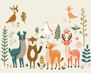 Thank you card, cute and quirky animals, flat design illustration