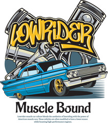 Vector Illustration of Lowrider Car, Exhaust and Piston with Vintage Illustration Available for Tshirt Design