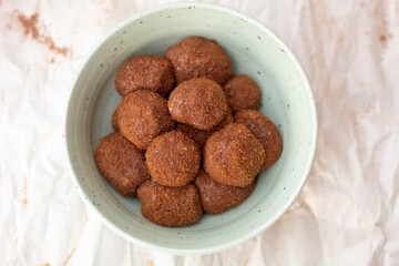 Bowl of chocolate protein balls