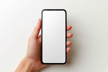 Smartphone mockup on hand with white blank screen created with Generative AI