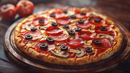 Glorious Tasty pepperoni pizza with mushrooms and olives