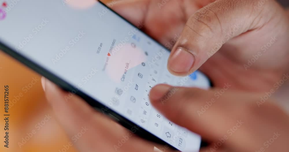 Poster hands, phone and screen with text for typing on internet, communication on app with notification. me