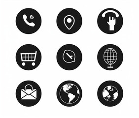 A set of black and white icons for a contact us section, with a phone icon featuring a message bubble on the right side, a global map location pin in the middle left corner, and an email button at the
