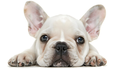 Fototapeta premium An adorable French bulldog puppy dog is posing. A cute, playful white Braun doggy, Happy lying down, フレンチブルドッグ