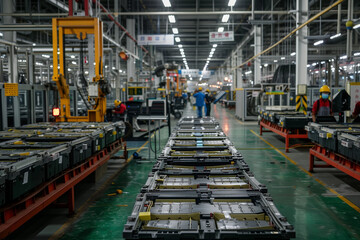 Fototapeta premium Electric car battery production line in a modern factory setting with conveyor belt and row of batteries