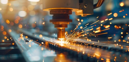 Sparking metal cutting machine in industrial factory