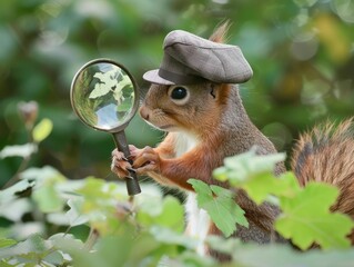 Obraz premium Curious Squirrel Detective Solving Mystery with Magnifying Glass in Forest Setting