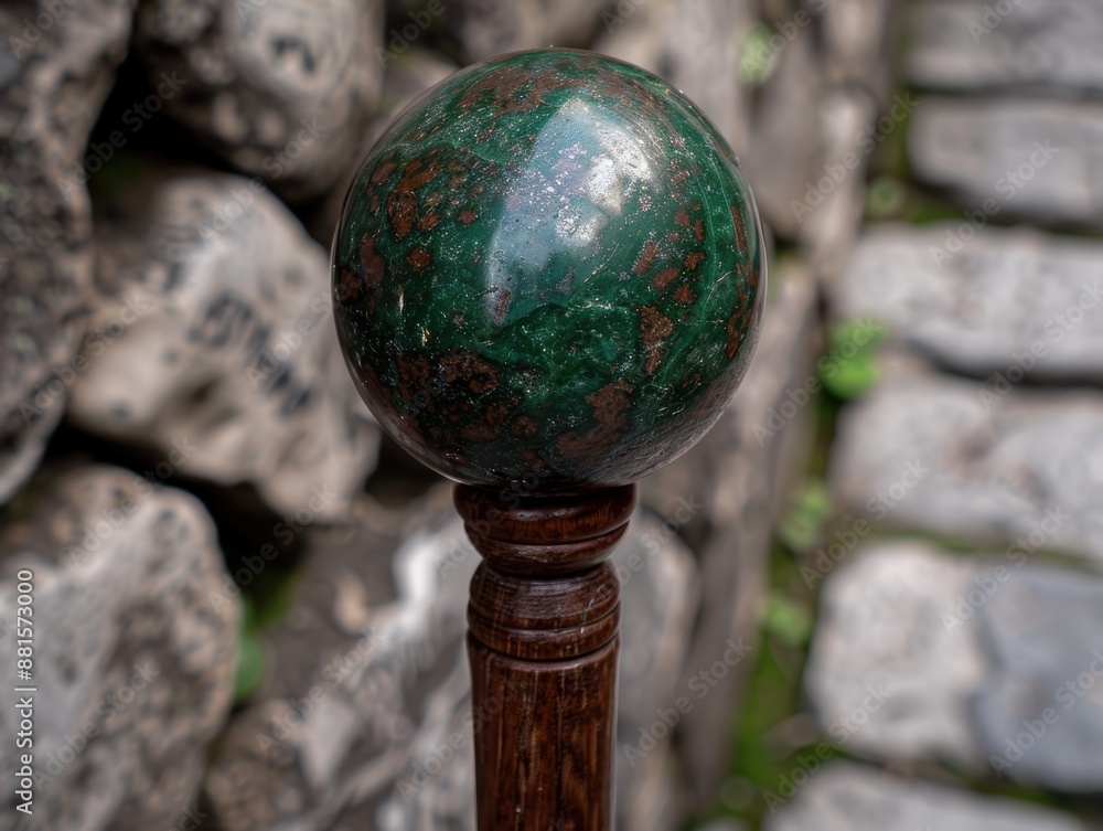 Sticker Ornamental green and brown stone sphere on wooden stand