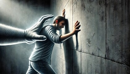 A person being pressed against a wall by an invisible force, representing societal or peer pressure.