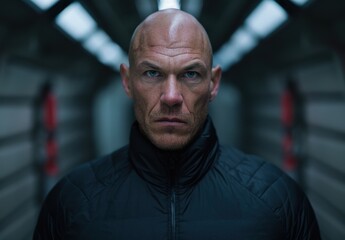 Obraz premium Intense bald man in dark jacket