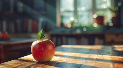 a school teacher's desk with a blurry apple and books in the background, capturing the essence of a classroom setup and educational environment