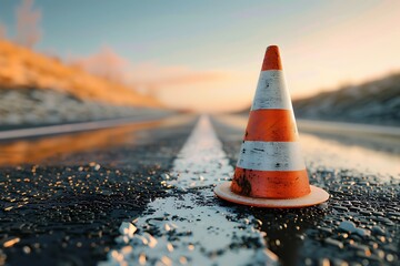 Traffic cone on asphalt road with sunset background.
