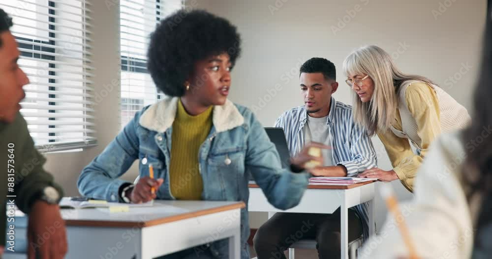 Poster Woman, student and help at desk in classroom for learning, study and education. University, scholarship and female person in lecture for knowledge, development and notebook for exam or evaluation