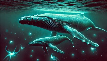 A whale and calf swimming through the deep ocean, with only bioluminescent creatures providing an eerie glow.