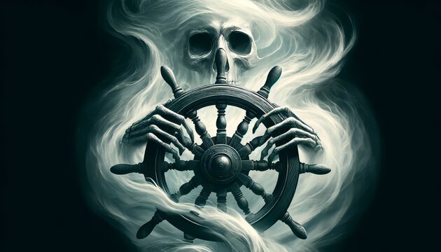A detailed, close-up image of a ship's wheel with ghostly hands gripping it.