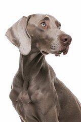 A close-up headshot of a Weimaraner on a white background, showcasing its expressive eyes, dog, fluffy fur, friendly, cute, mans best friend