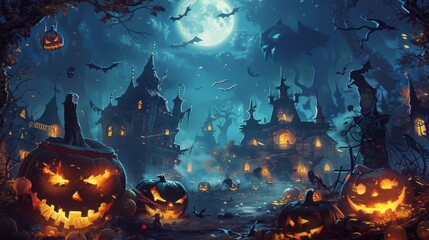 Halloween Night in Haunted Village with Glowing Pumpkins