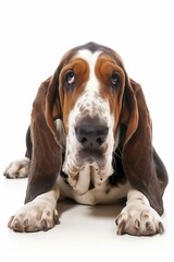 A close-up headshot of a Basset Hound on a white background, showcasing its expressive eyes, dog, fluffy fur, friendly, cute, mans best friend